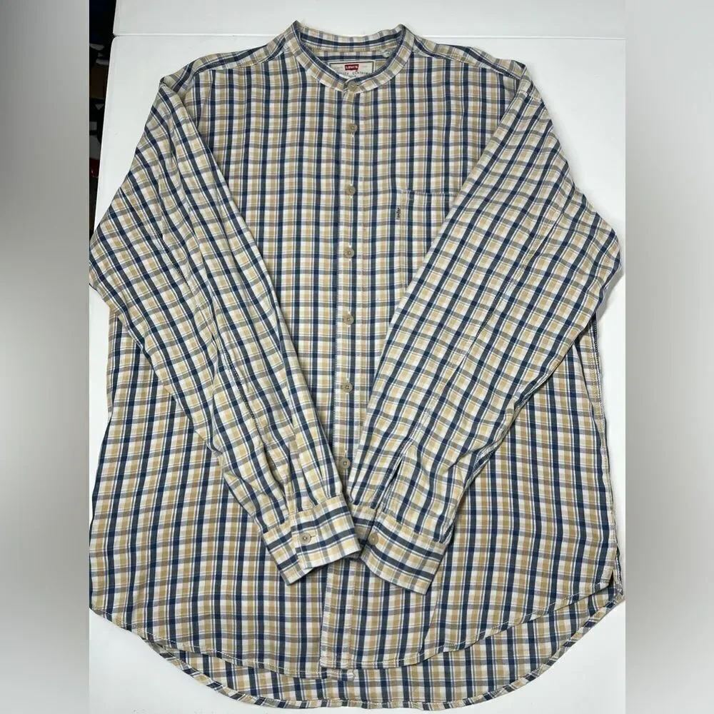 Vintage Levis Shirt Mens Size Large Blue Plaid Pockets Cotton Stand Collar